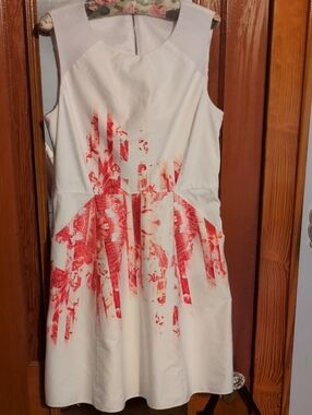 T Tahari White Dress with Coral-Red Brushstroke Print